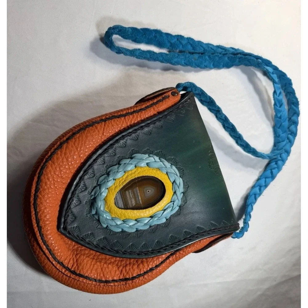 Vintage Wilderness leather bag agate stone Orange‎ & Green handmade in France